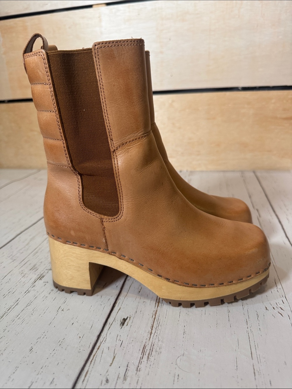 MIA Justina Tan Leather Clog Platform Chelsea Boots